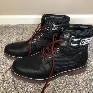 Black, maroon, and white nautica booties.